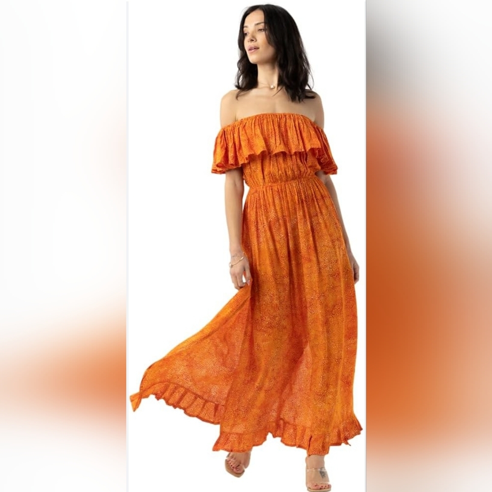 Tiare Hawaii Off The Shoulder Maxi Dress in Batik Sparkles Flame Orange
